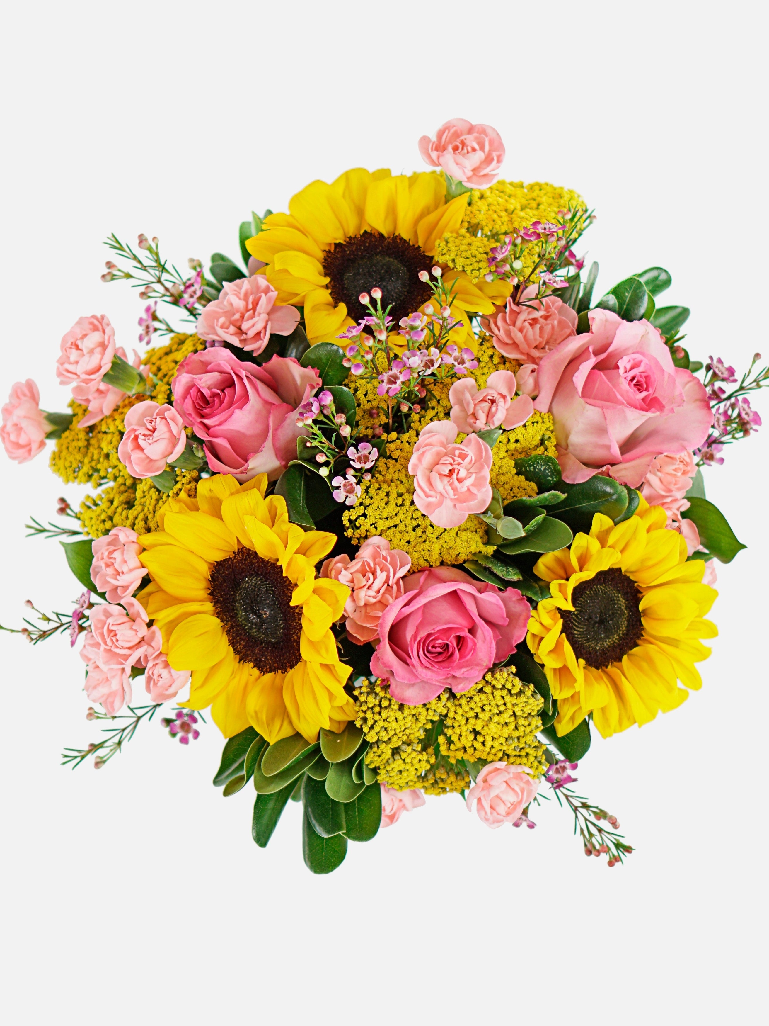 Bouquet of yellow sunflowers and pink roses on a white background